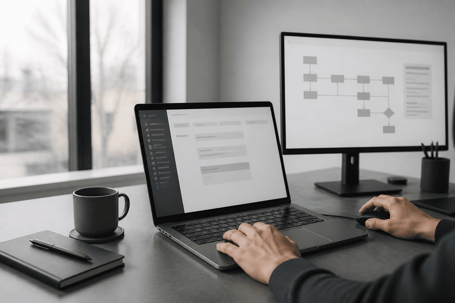 A professional documenting a browser workflow at a desk